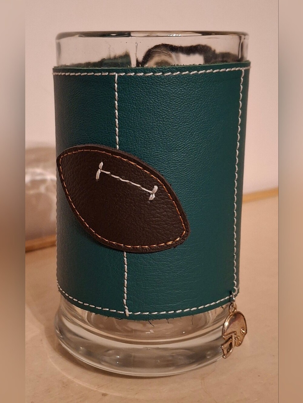 Vintage Custom made Leather Football Lace Up Sleeve on Glass Stein Mug